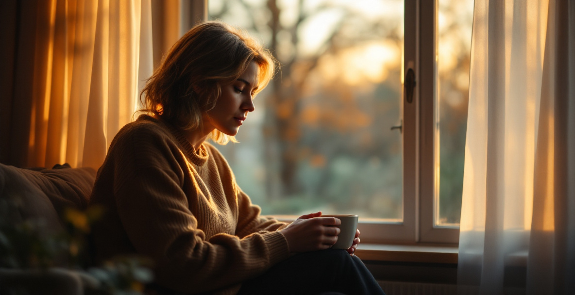 Voksen kvinde sidder i ro og reflekterer under en samtale om sorgbearbejdning hos psykoterapeut Voksen kvinde sidder i ro og reflekterer under en samtale om sorgbearbejdning hos psykoterapeut