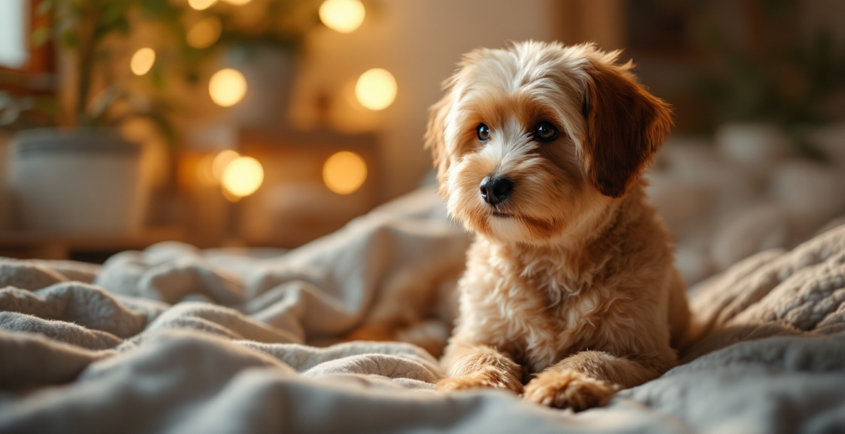 Rolig terapihund, en havanese ved navn Ronja, ligger trygt ved siden af et barn under en terapisamtale Rolig terapihund, en havanese ved navn Ronja, ligger trygt ved siden af et barn under en terapisamtale