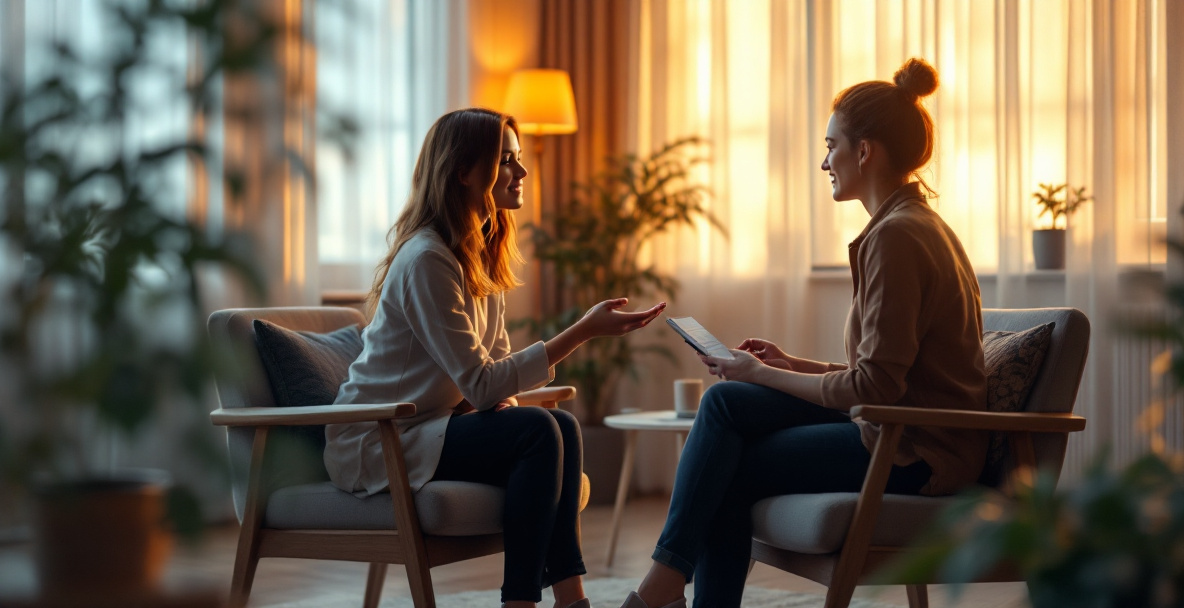 Certificeret psykoterapeut MPF fra Dansk Psykoterapeutforening i samtale med klient i rolige, trygge omgivelser